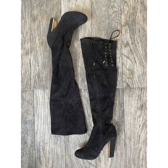 Material Girl Over the Knee High Black Velvet Stretch Boots Women size 5.5 - Picture 3 of 12